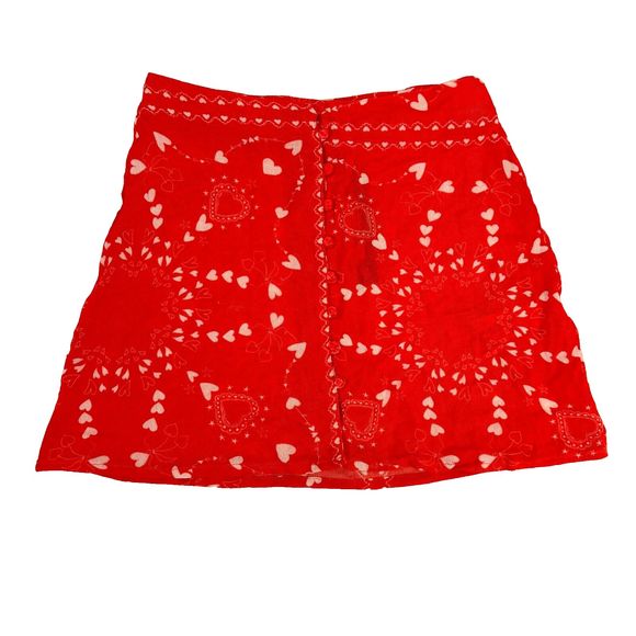 Nasty Gal Red Heart Bandana Print Button Front Mini Skirt Sz 0 US Valentine Love - Picture 5 of 7